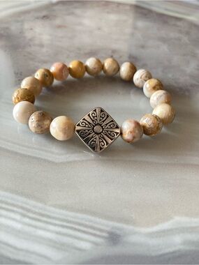 ✨Crazy Lace Agate Beaded Bracelet with Sterling Silver Plated Accent